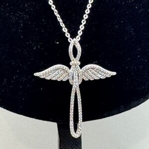 JCM 925 Sterling‎ Silver Cubic Zirconia Angel Wing Cross Pendant Necklace